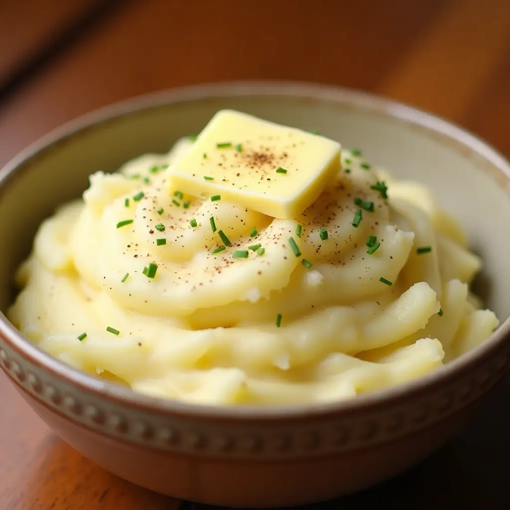 Creamy mashed potatoes with melted butter and chives in a rustic serving bowl