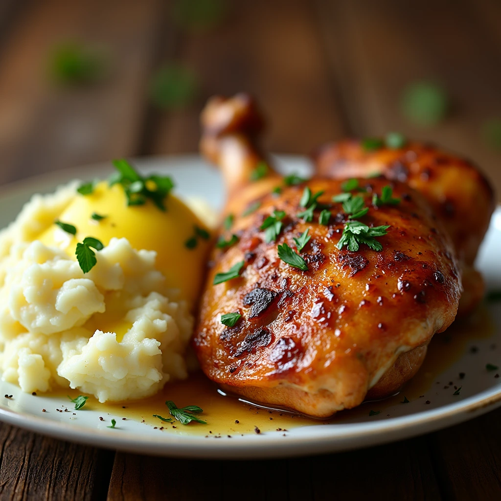 Chicken and mashed potatoes served with steamed vegetables and gravy on a white plate