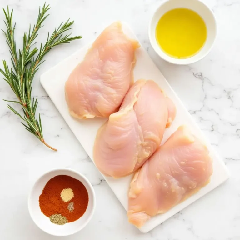 Ingredients for chicken and mashed potatoes including raw chicken breasts, potatoes, butter, and spices.