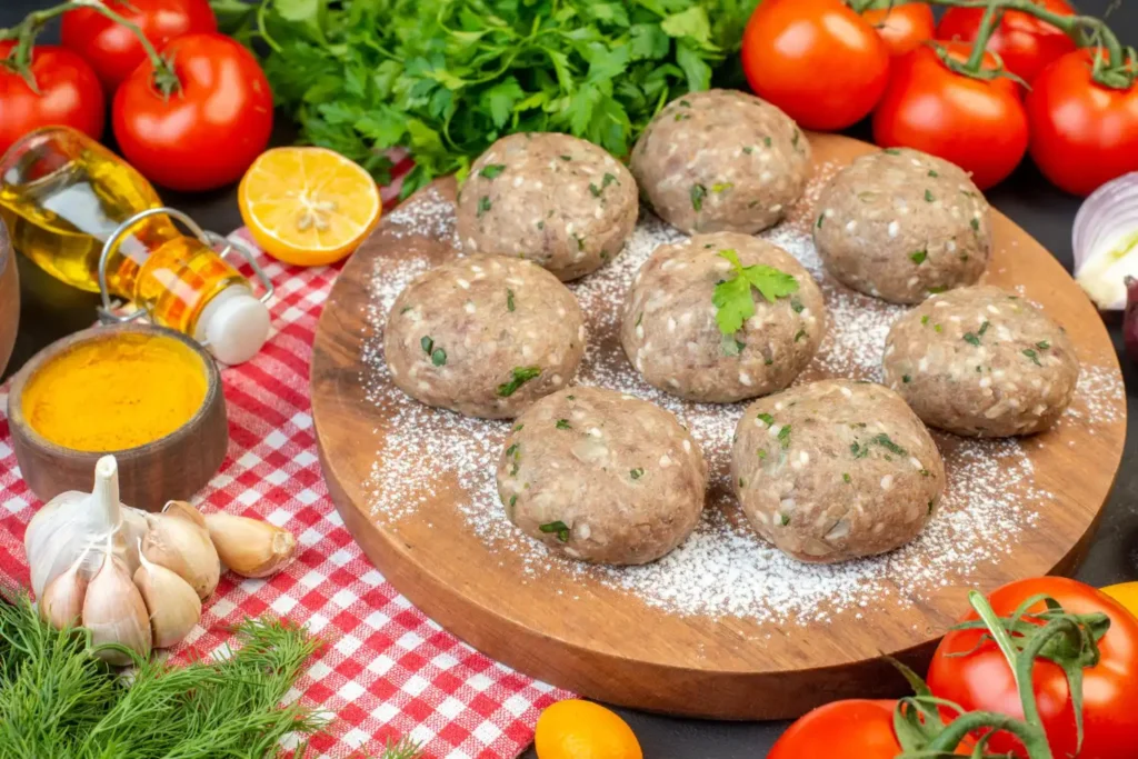 Raw meat patties mixed with herbs and spices placed on a wooden board, surrounded by fresh vegetables, garlic, turmeric powder, and olive oil.