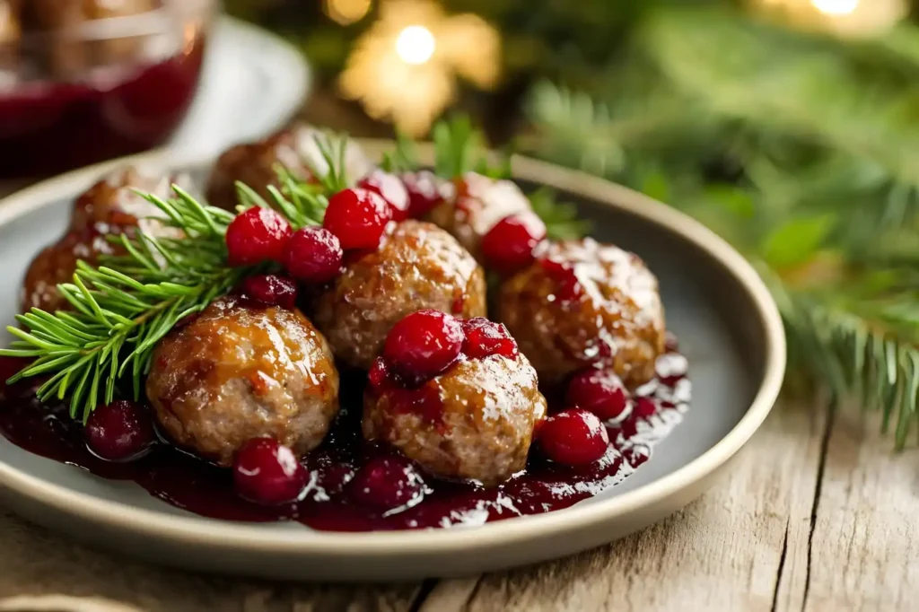 Swedish chicken meatballs served with lingonberry sauce and garnished with fresh rosemary sprigs.