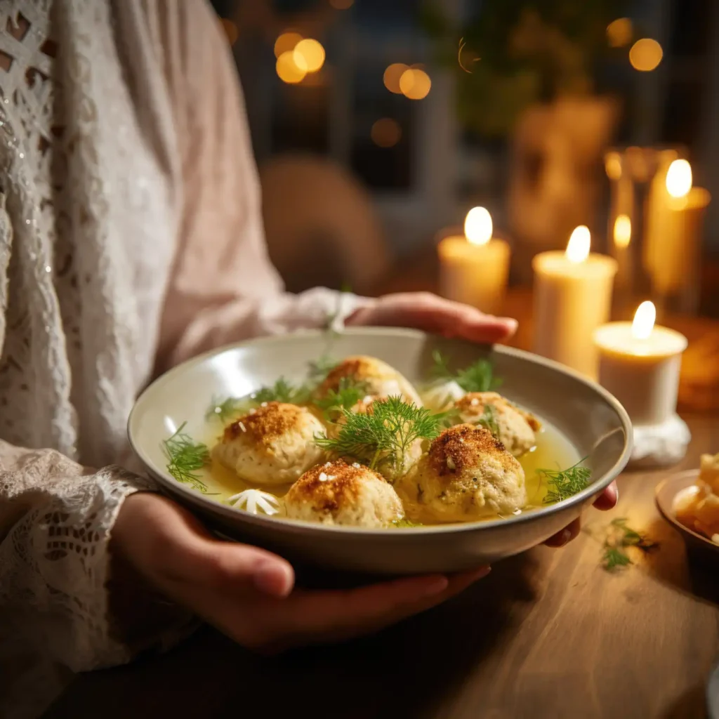 Plated chicken ricotta meatballs served in a cozy ambiance with fresh dill garnish and warm candlelight in the background