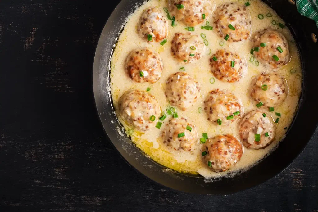 Swedish chicken meatballs simmering in a creamy sauce, garnished with fresh chopped green onions in a skillet.