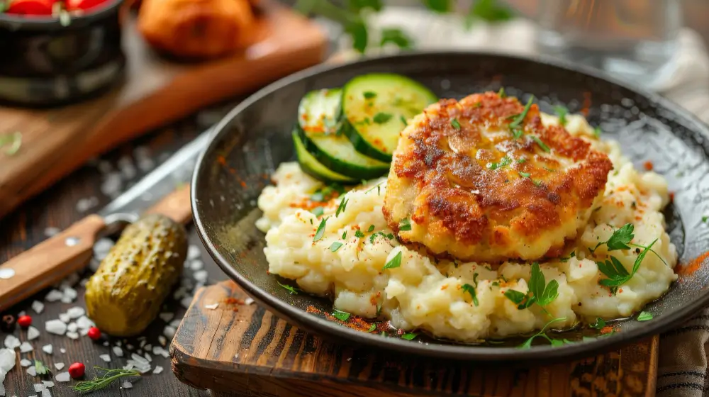 A golden, crispy patty served over creamy mashed potatoes, garnished with fresh parsley and paired with sliced cucumbers and a pickle on a rustic plate