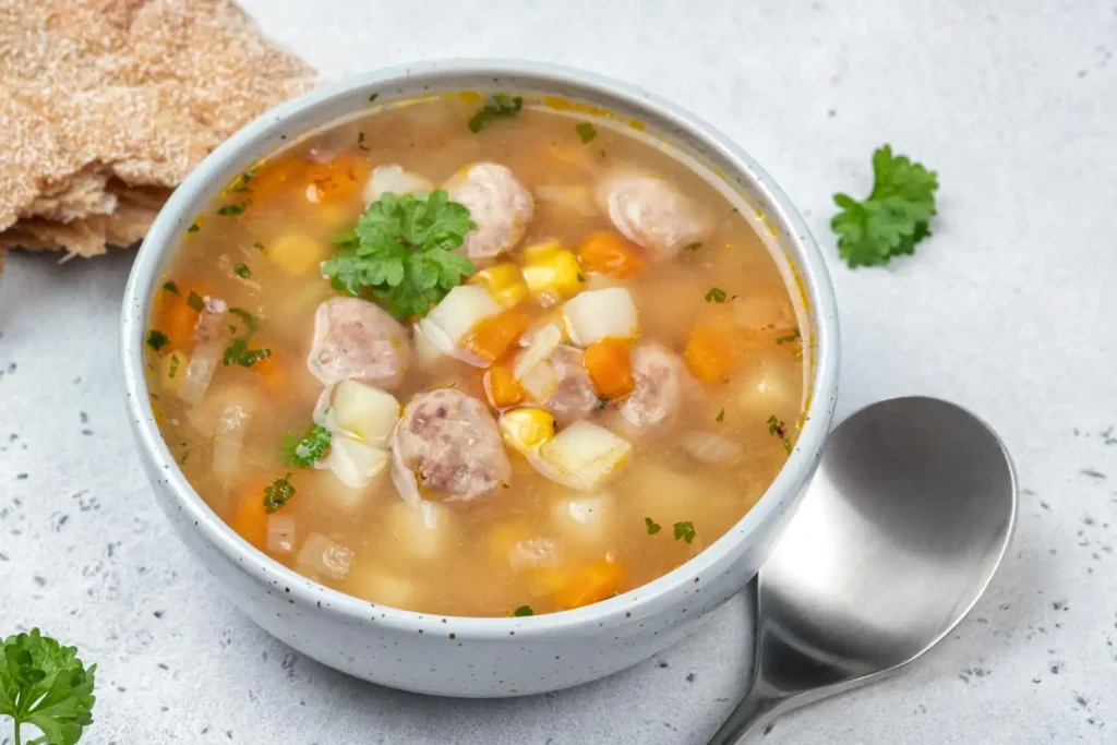 A bowl of meatball soup with diced vegetables, garnished with parsley, served alongside flatbread and a spoon on a light textured surface