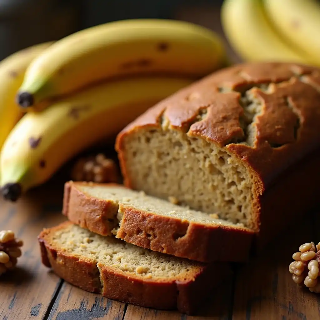 Freshly baked banana nut bread on a wooden board