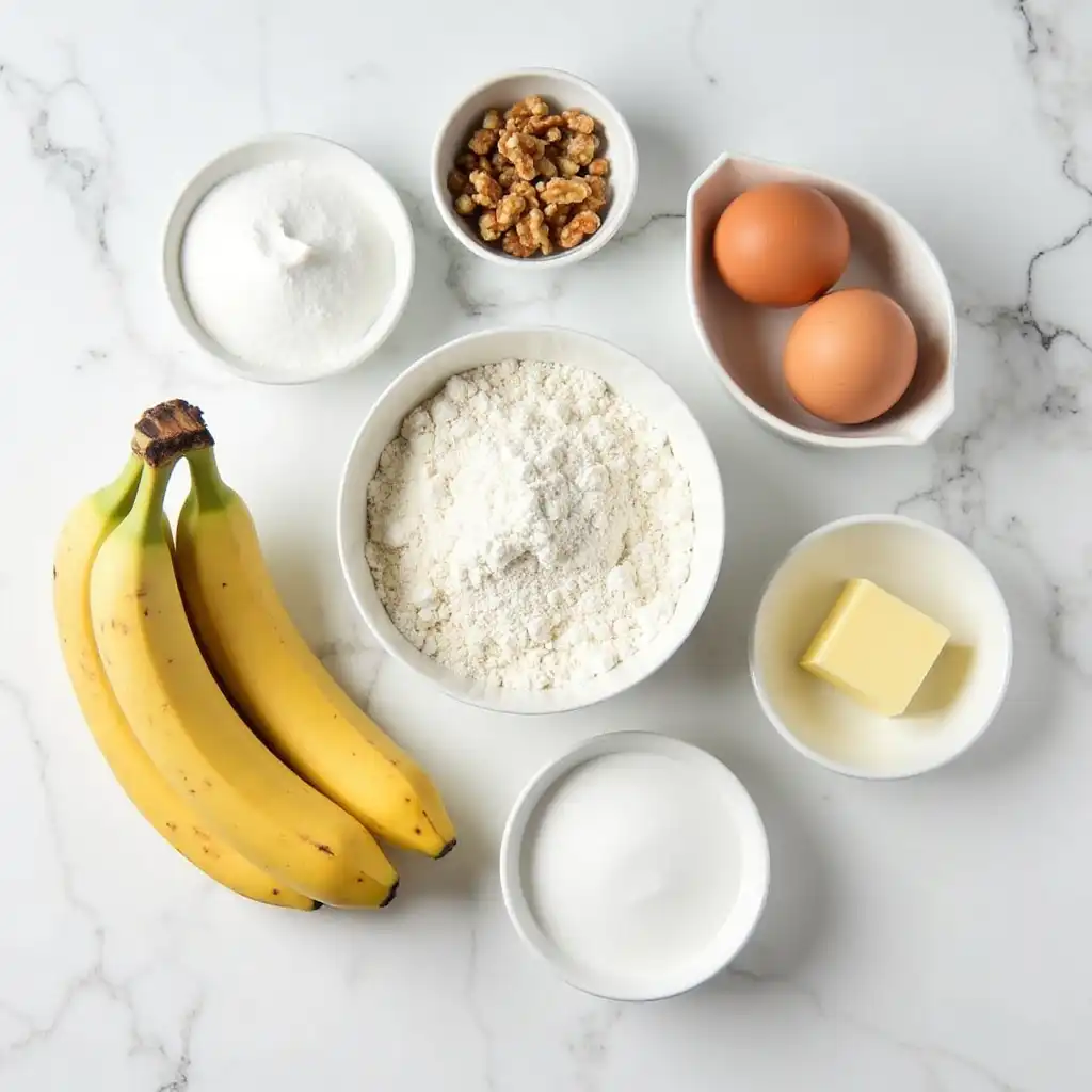 Ingredients for banana nut bread laid out on a countertop