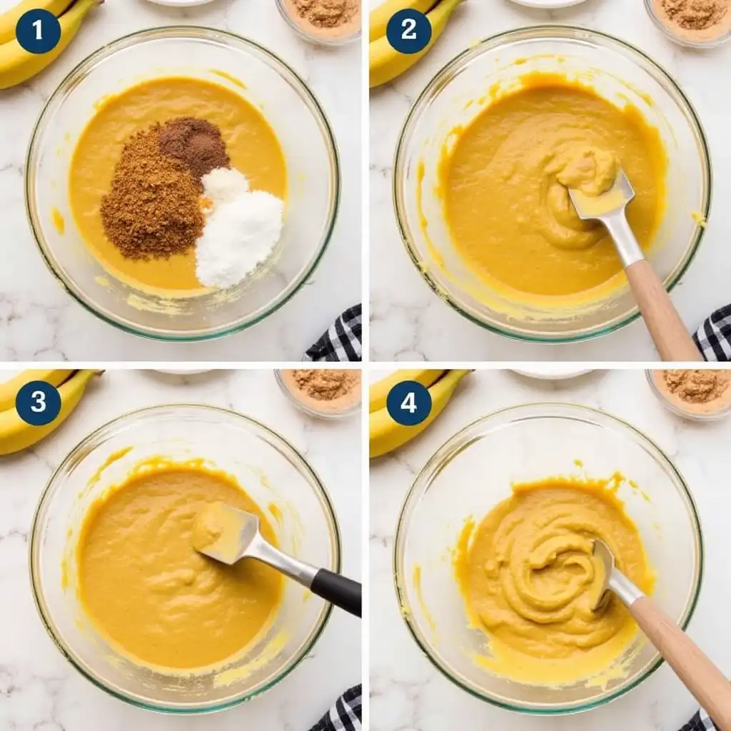 Mixing bowl with banana bread batter being stirred