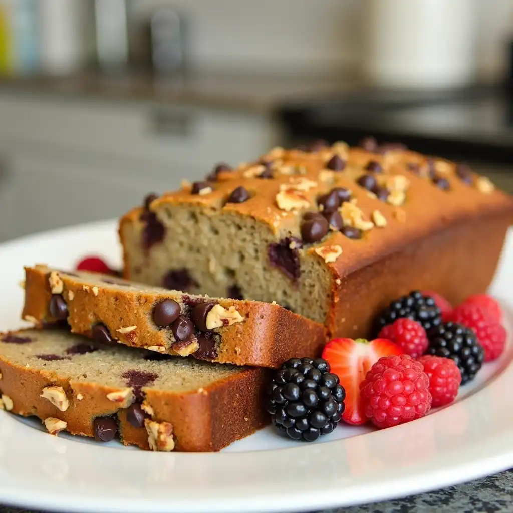 Banana nut bread with chocolate chips and berries