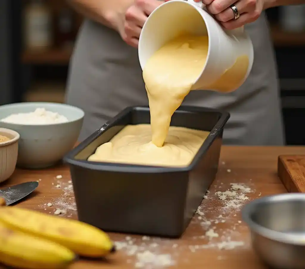 Pouring banana bread batter into a black loaf pan on a wooden countertop.