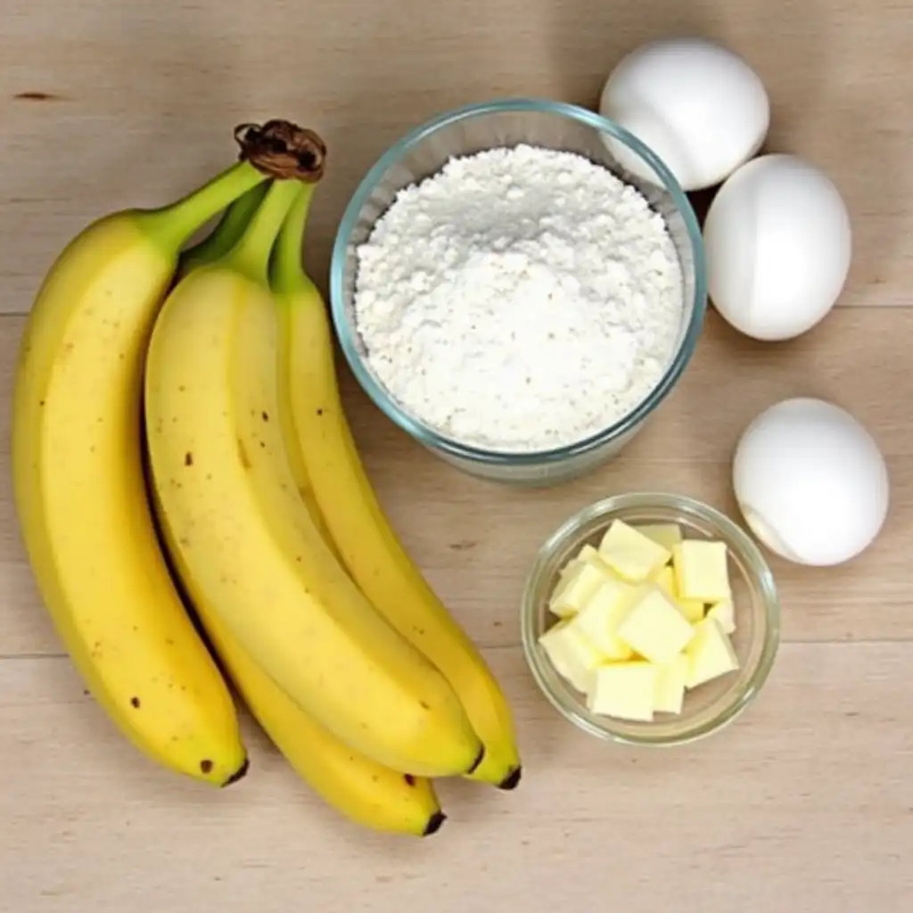 Bananas, flour, eggs, and butter cubes arranged on a wooden countertop.