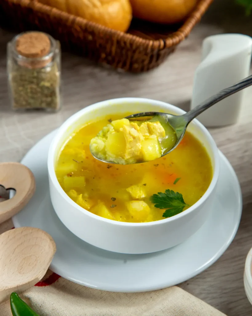 A bowl of chicken broth soup with vegetables and a spoon lifting a chunk of potato and chicken.