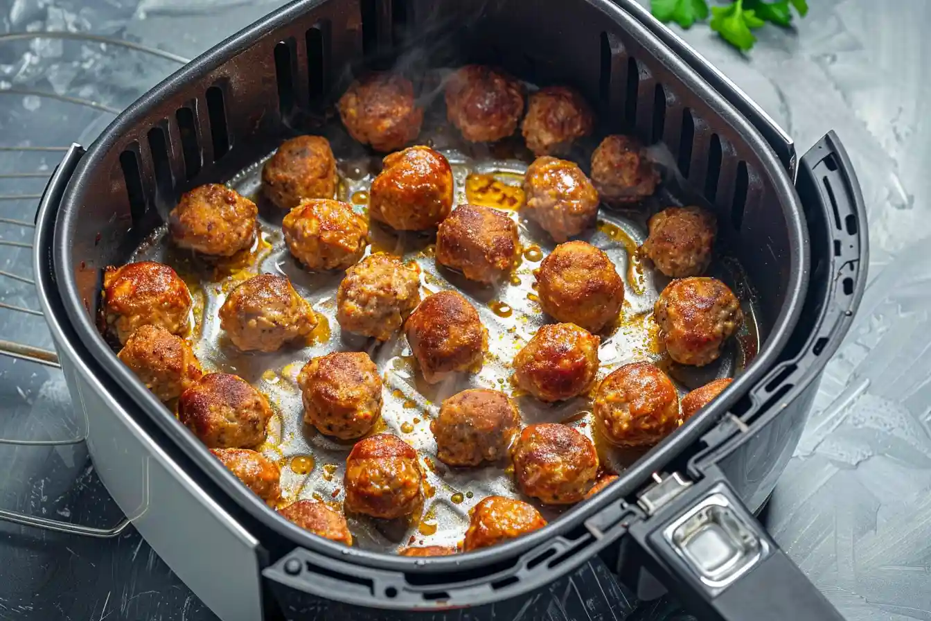 Chicken meatballs air fryer - Golden chicken meatballs in a round air fryer basket with sauce drippings