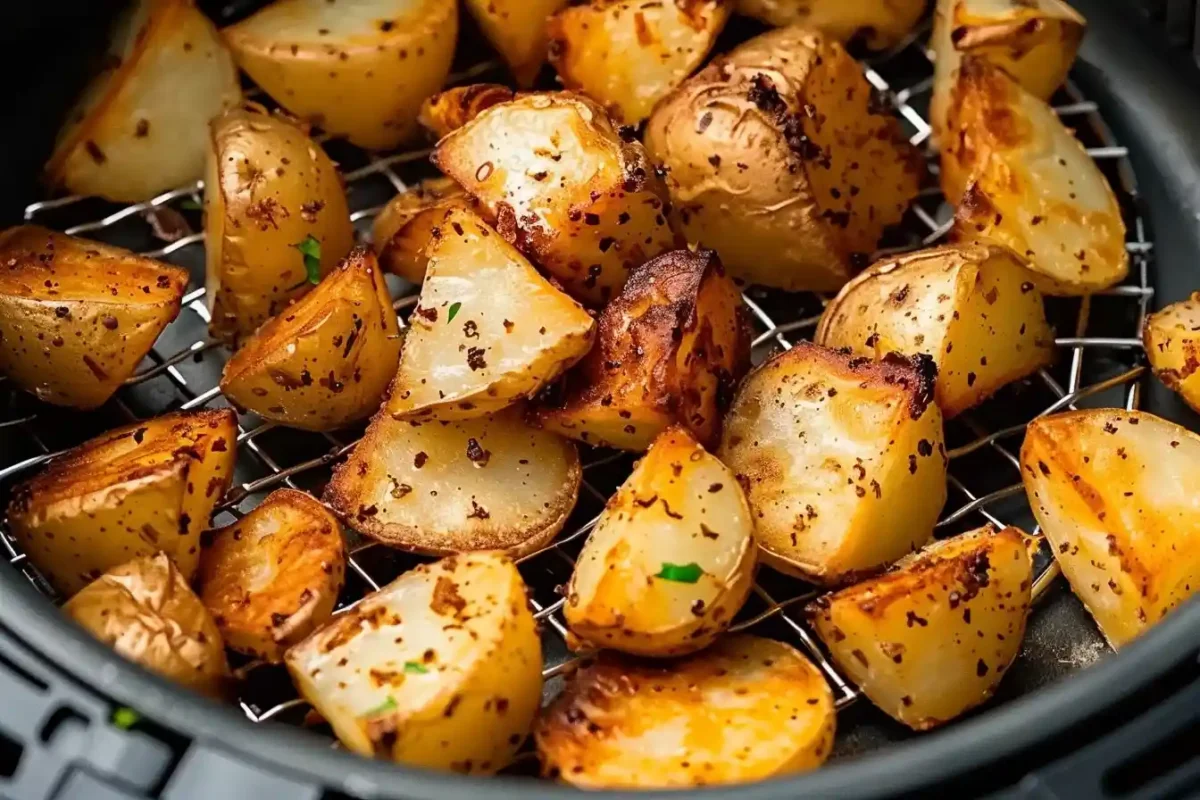 Air Fryer Crispy Potatoes - Golden-brown potato chunks with herbs and spices in an air fryer basket, showing perfectly crispy exteriors and tender interiors.