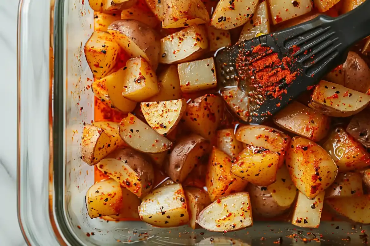 Air Fryer Crispy Potatoes - Diced potatoes in a glass dish being seasoned with paprika and spices before air frying, with a black tong visible.