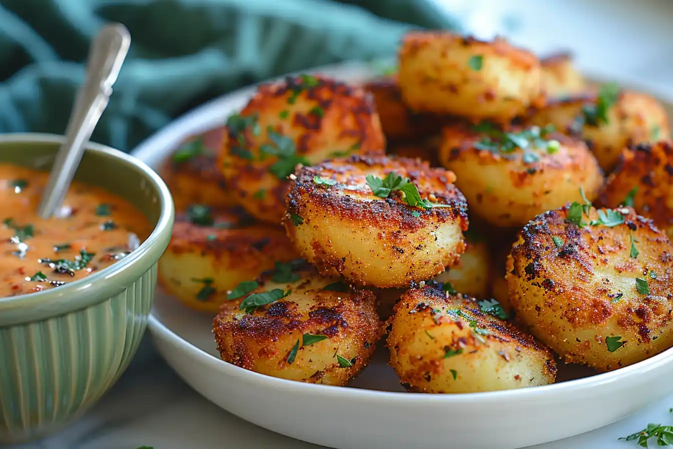 Air Fryer Crispy Potatoes - Crispy golden-brown air fryer potatoes garnished with fresh herbs on a white plate, served with a creamy dipping sauce in a green bowl.