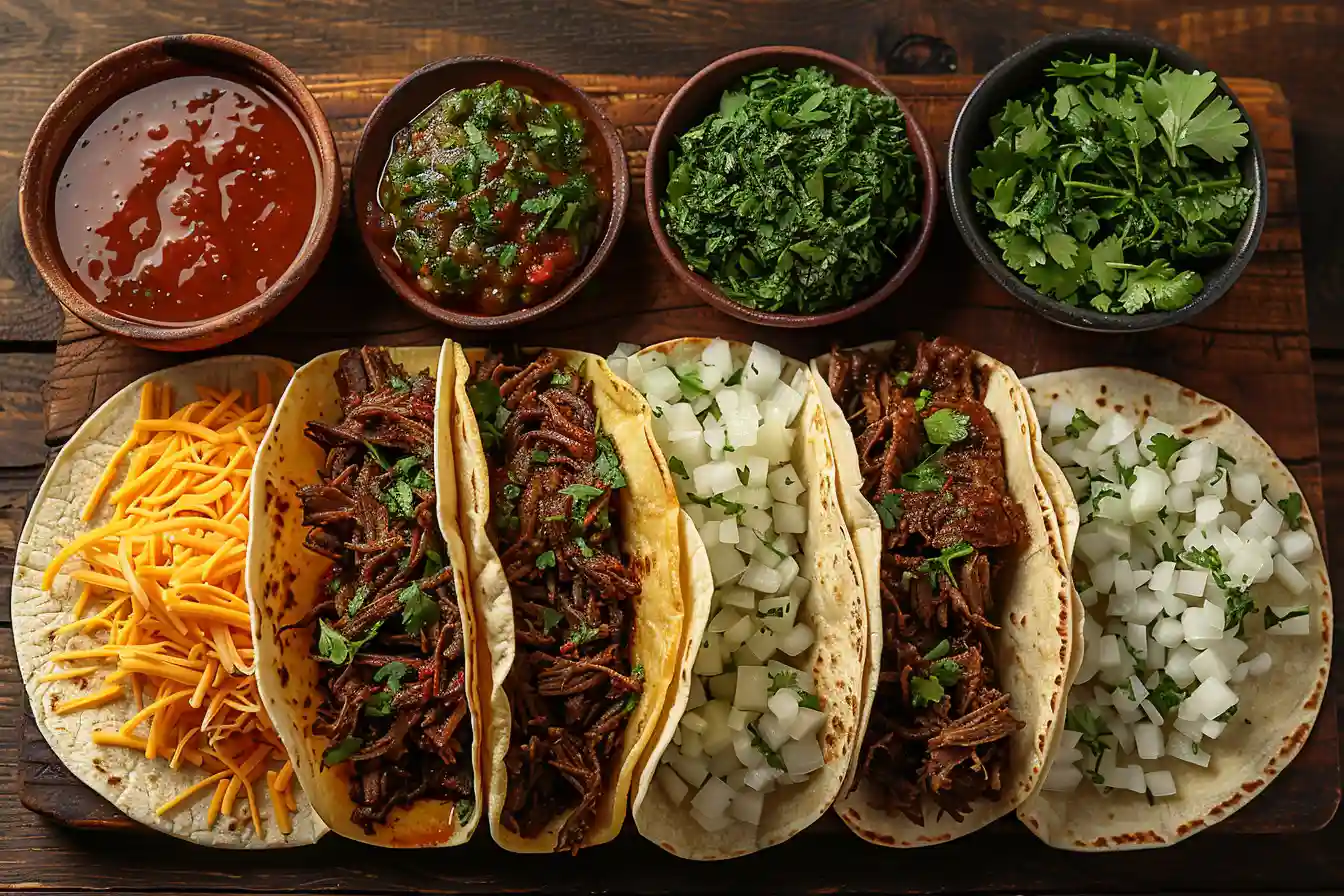 A close-up of delicious Birria Tacos filled with slow-cooked, shredded beef, garnished with fresh cilantro and onions, served with salsa, shredded cheese, and chopped herbs on a rustic wooden board.