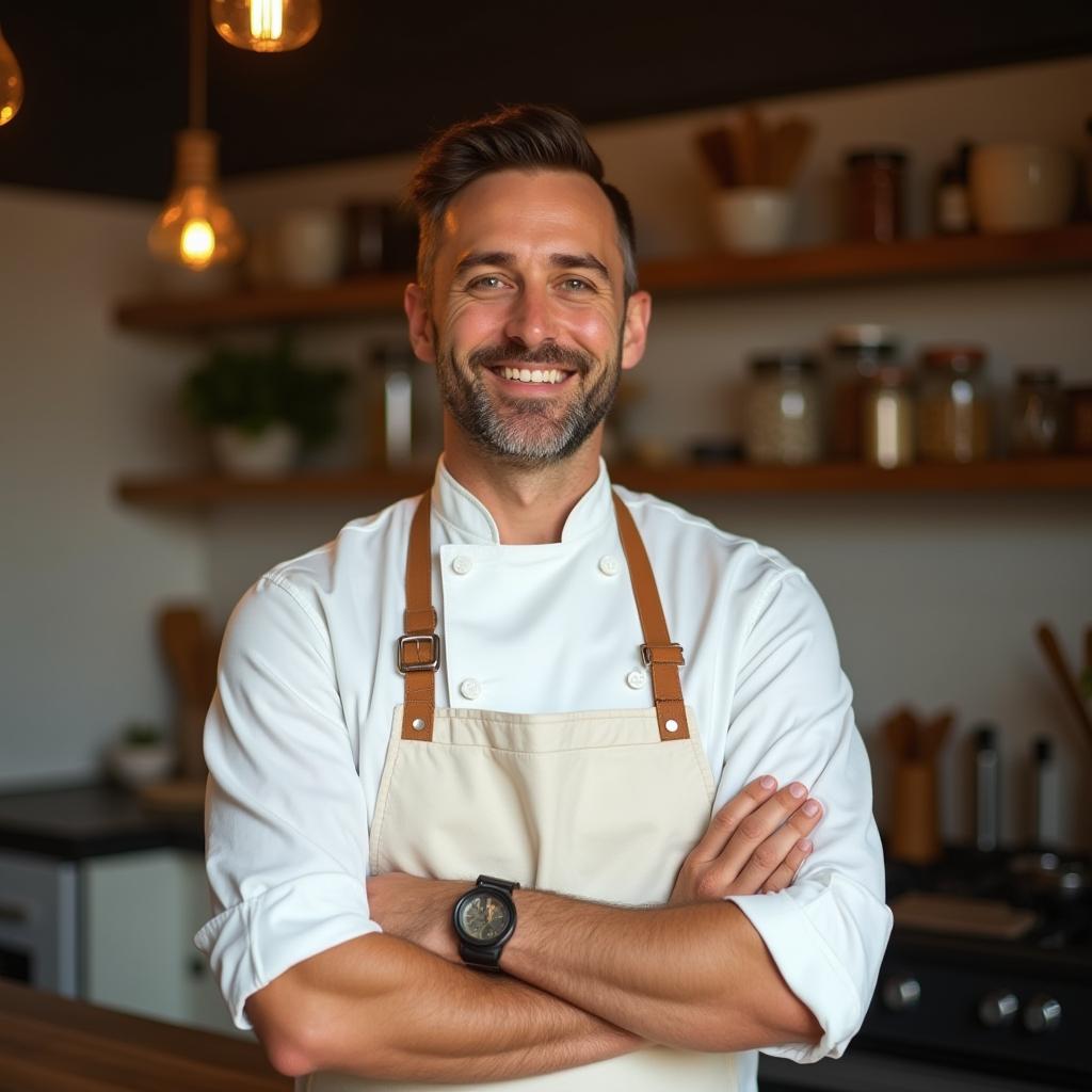 A smiling male chef wearing a white chef’s coat and apron, standing confidently in a cozy kitchen with arms crossed, featuring wooden shelves and warm lighting.