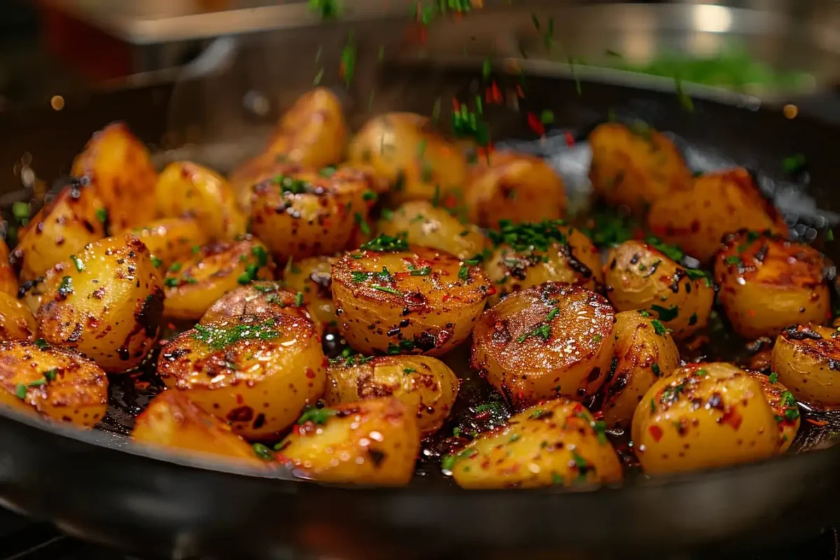 Sizzling Bang Bang Potatoes cooking in a pan with fresh herbs and spices being sprinkled from above.