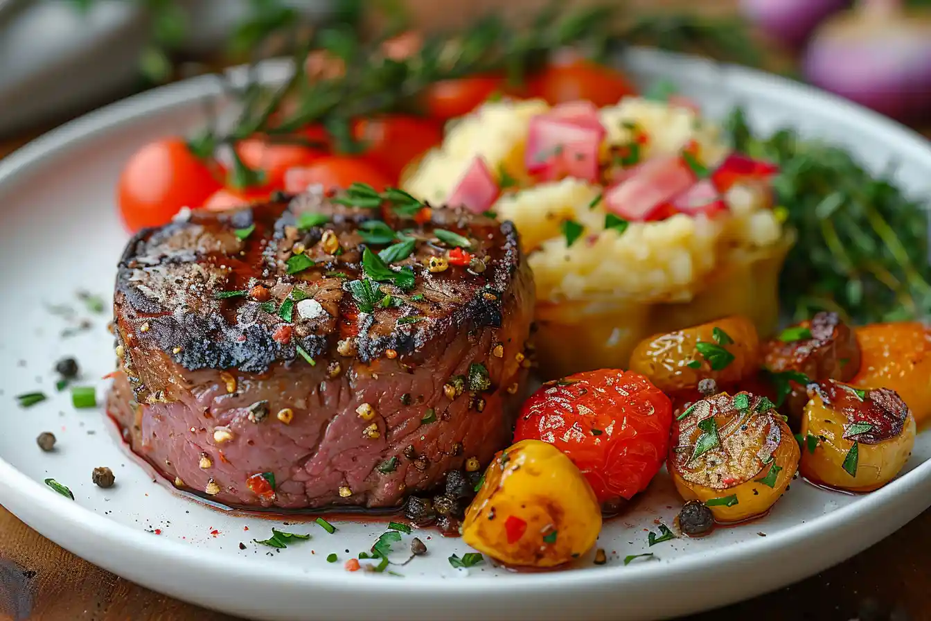 Beef Tenderloin Sides - A perfectly grilled beef fillet medallion seasoned with coarse pepper and fresh herbs, served with roasted cherry tomatoes, creamy mashed potatoes, and garnished with chopped parsley.