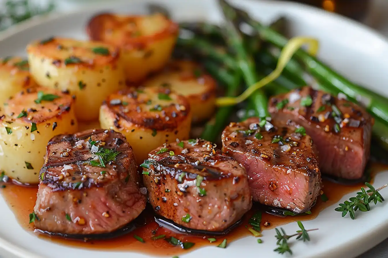 Beef Tenderloin Medallions - Juicy beef tenderloin medallions with a seared crust, served with crispy golden potatoes and sautéed green beans, garnished with fresh herbs and coarse salt.