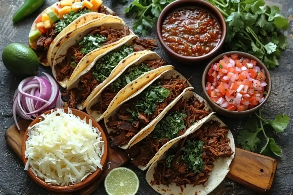 Homemade Birria Tacos with shredded beef, fresh cilantro, and traditional garnishes including salsa, cheese, and diced onions.