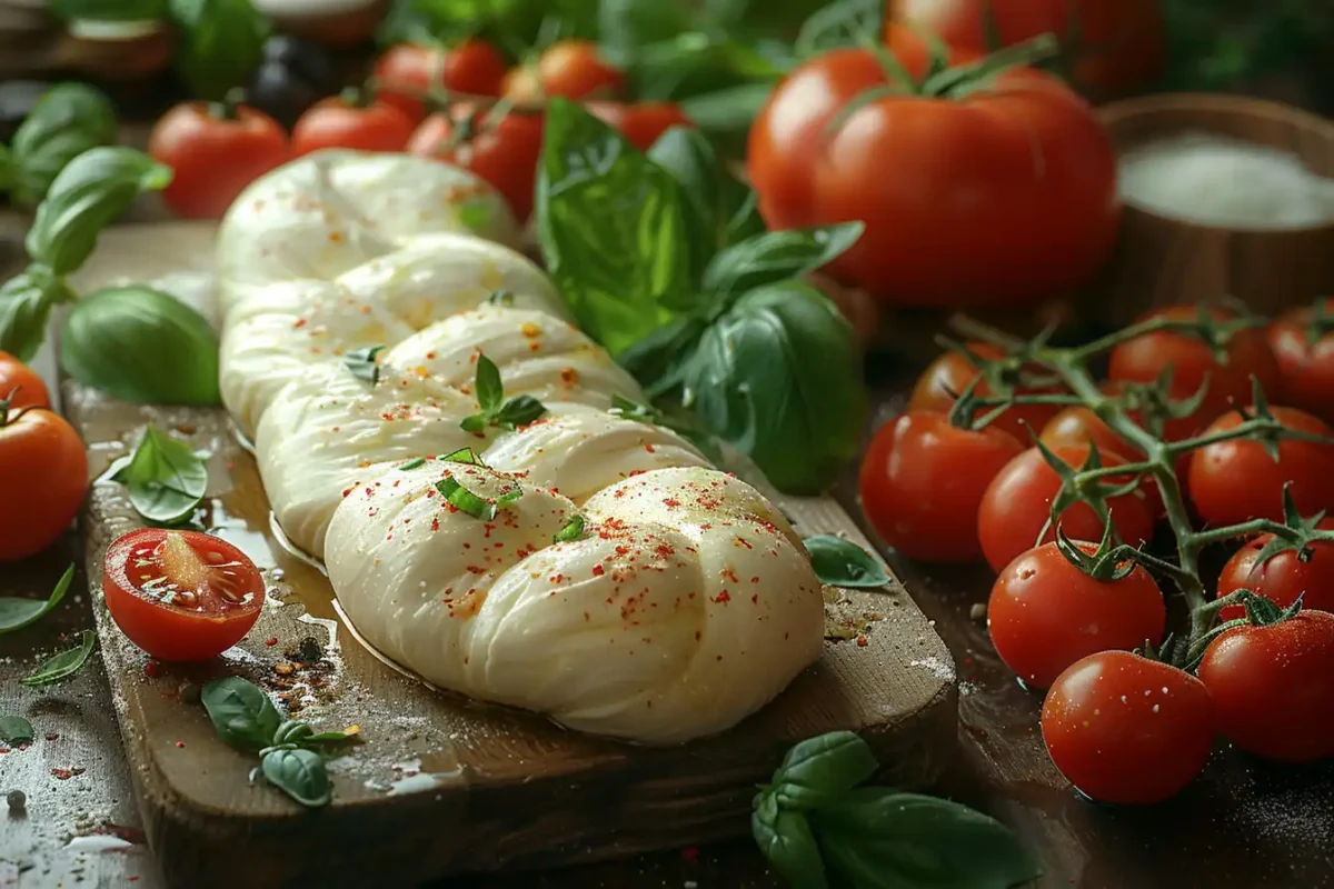 A fresh braided mozzarella cheese on a rustic wooden board, garnished with basil and chili flakes, surrounded by ripe cherry tomatoes and basil leaves.