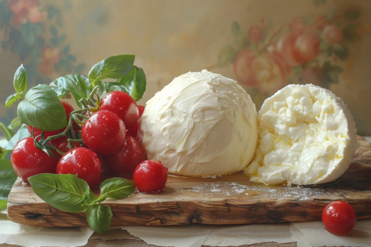 Fresh burrata cheese with a creamy interior, placed on a rustic wooden board alongside cherry tomatoes and basil leaves.