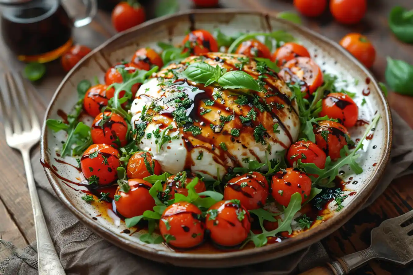 Burrata cheese on a plate with roasted cherry tomatoes, arugula, and balsamic glaze.