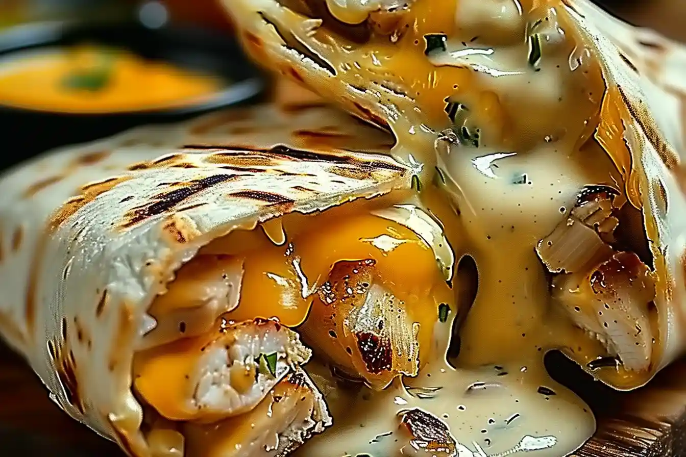 Close-up of a cheesy chicken wrap oozing with melted cheese and creamy sauce, filled with grilled chicken and caramelized onions.