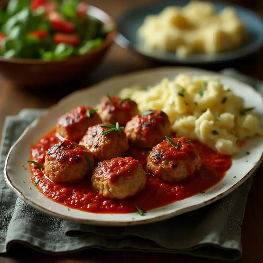 A plate of meatballs in rich tomato sauce, served with creamy mashed potatoes and garnished with fresh herbs, with salad and mashed potatoes in the background.