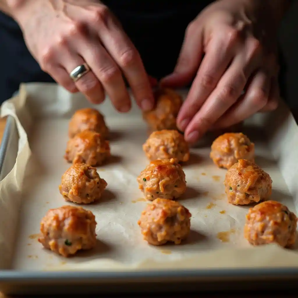 Close-up of hands shaping meatballs on a parchment-lined baking tray, ready for cooking.