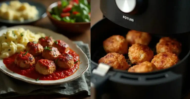 Golden-brown meatballs freshly cooked in an air fryer basket, ready to be served.