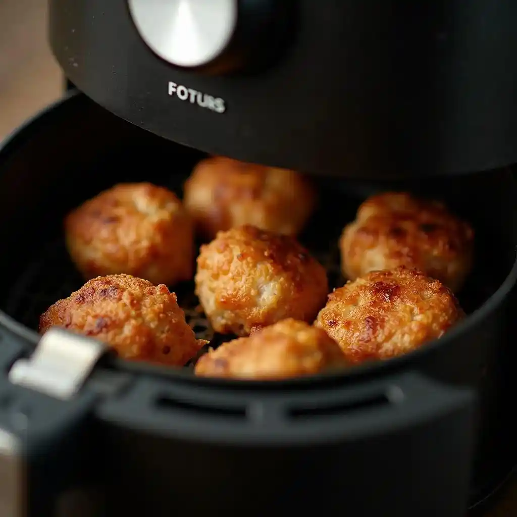 Golden-brown meatballs freshly cooked in an air fryer basket, ready to be served.