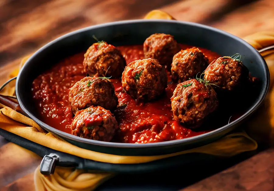 Chicken meatballs served in a rich red tomato sauce, garnished with fresh herbs in a dark ceramic dish.