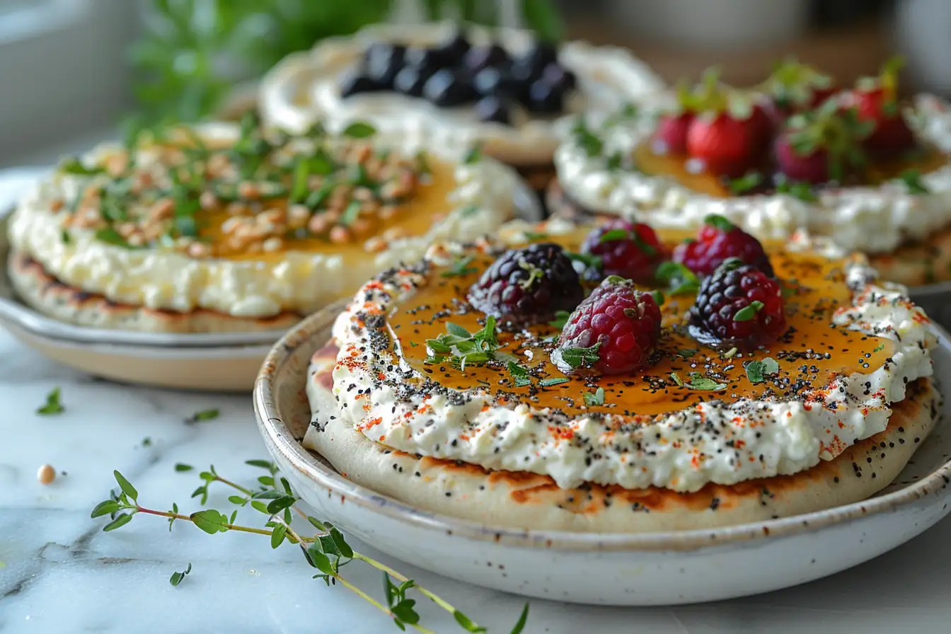 A beautifully plated cottage cheese flatbread topped with honey, fresh berries, and herbs, served on a rustic ceramic plate.