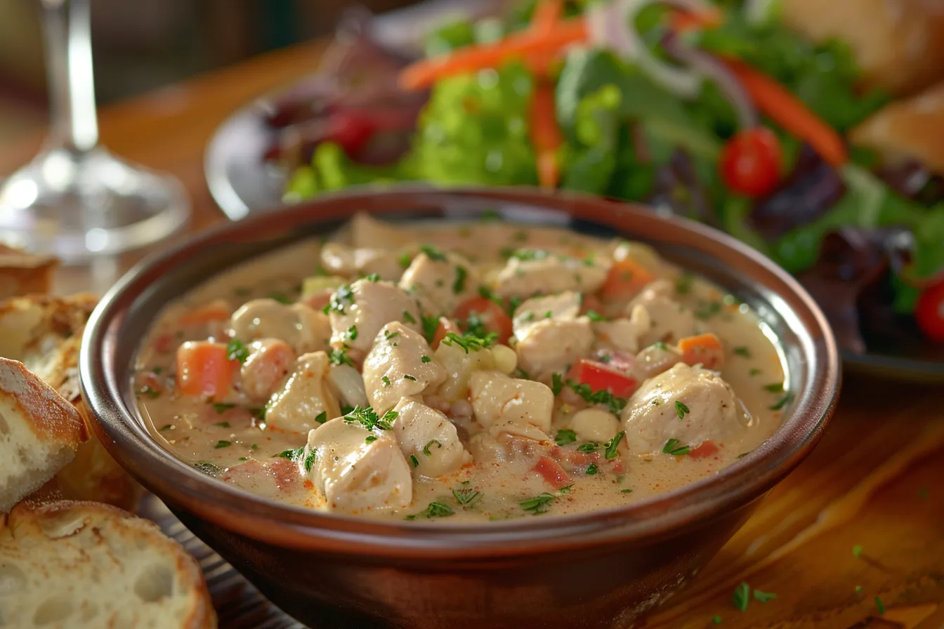 A bowl of creamy chicken soup with vegetables, served with crusty bread and a fresh garden salad—perfect chicken soup sides.
