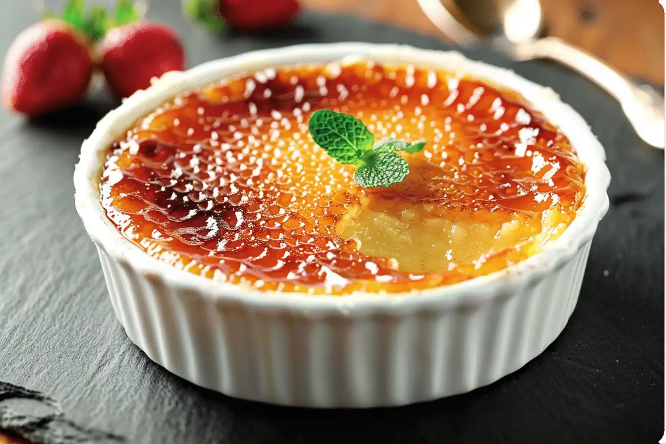 Crème Brûlée History - Close-up of a golden caramelized crème brûlée in a white ramekin, garnished with a mint leaf, reflecting the rich history and evolution of this classic dessert.
