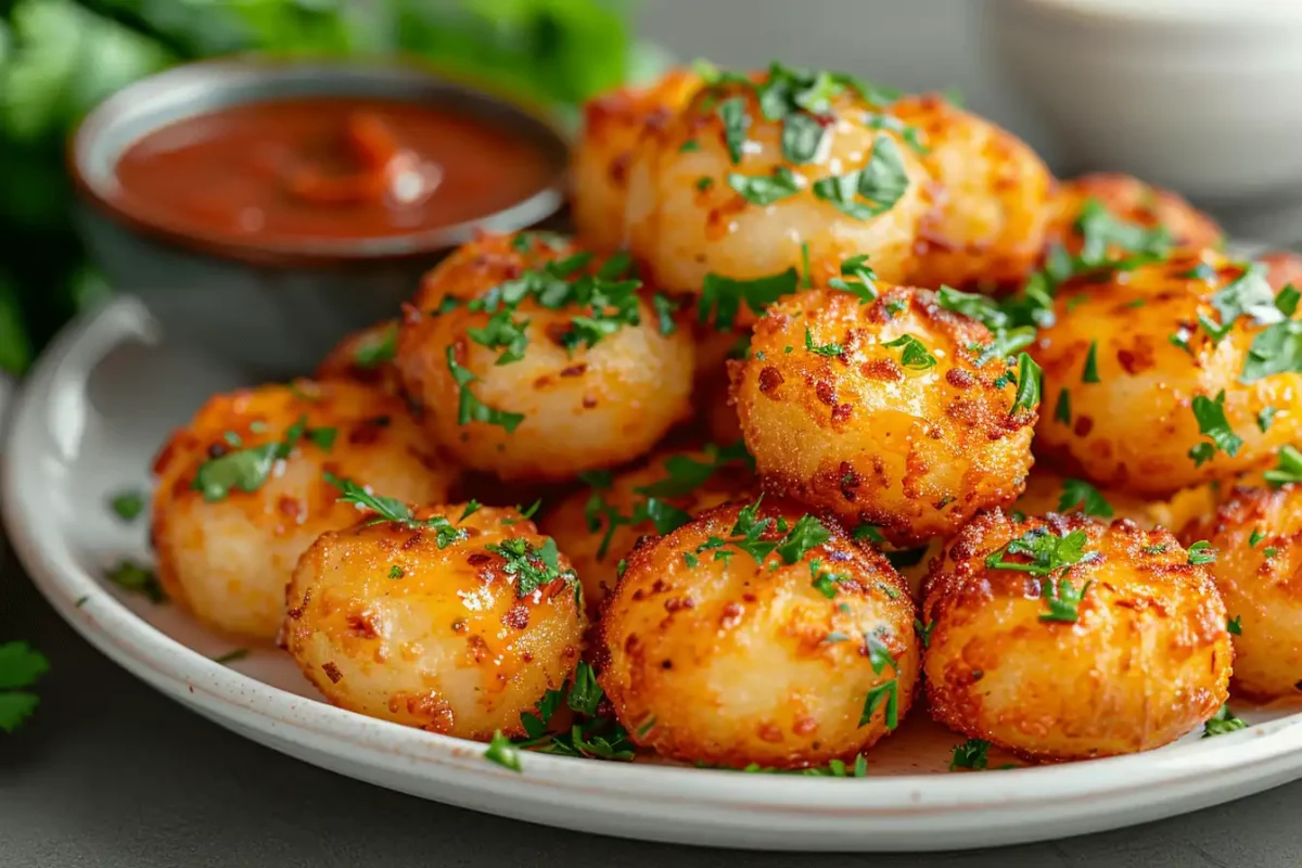 Crispy Bang Bang Potatoes garnished with fresh herbs served with spicy dipping sauce on a white plate.