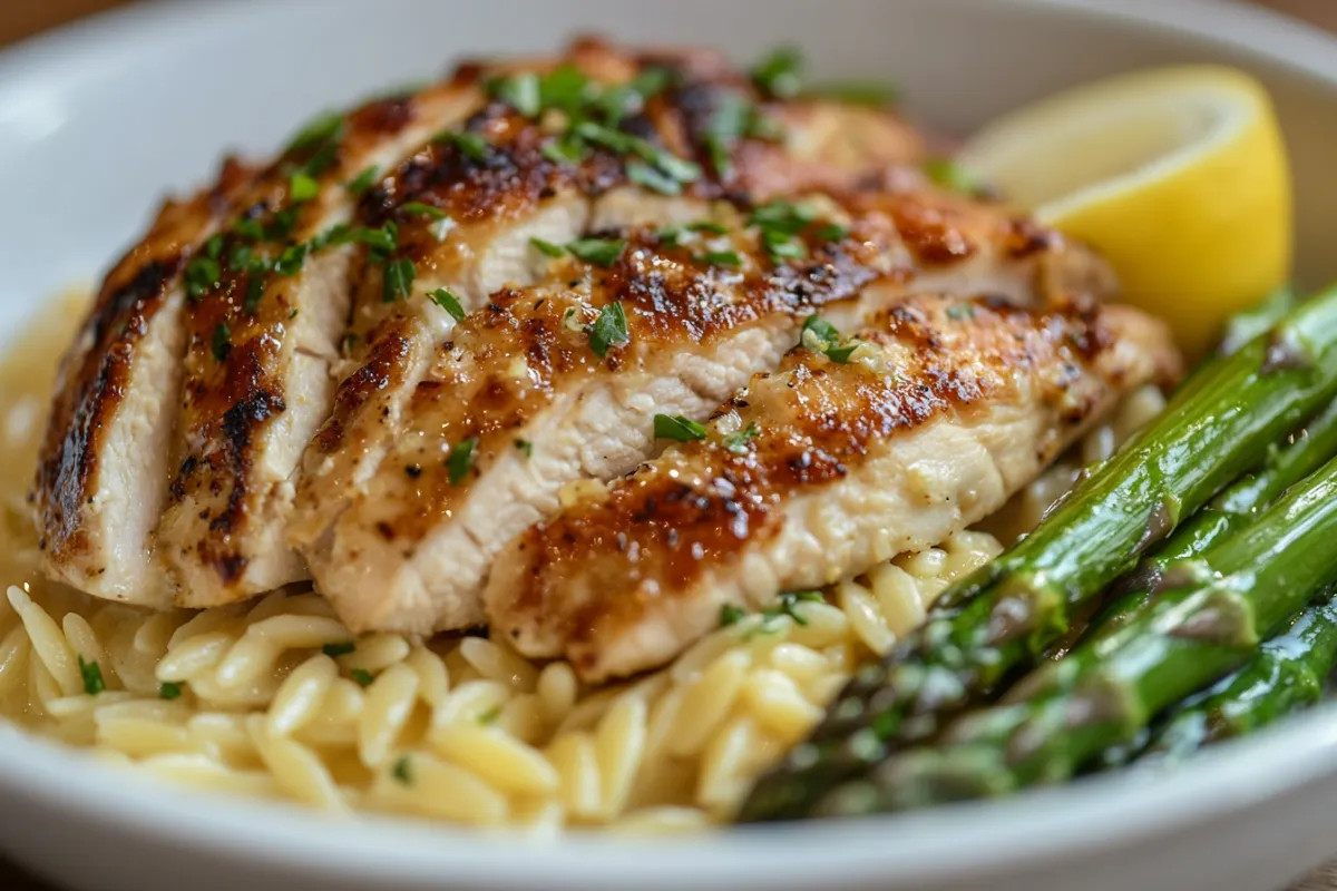 Close-up of sliced grilled chicken over creamy lemon orzo pasta with roasted asparagus.
