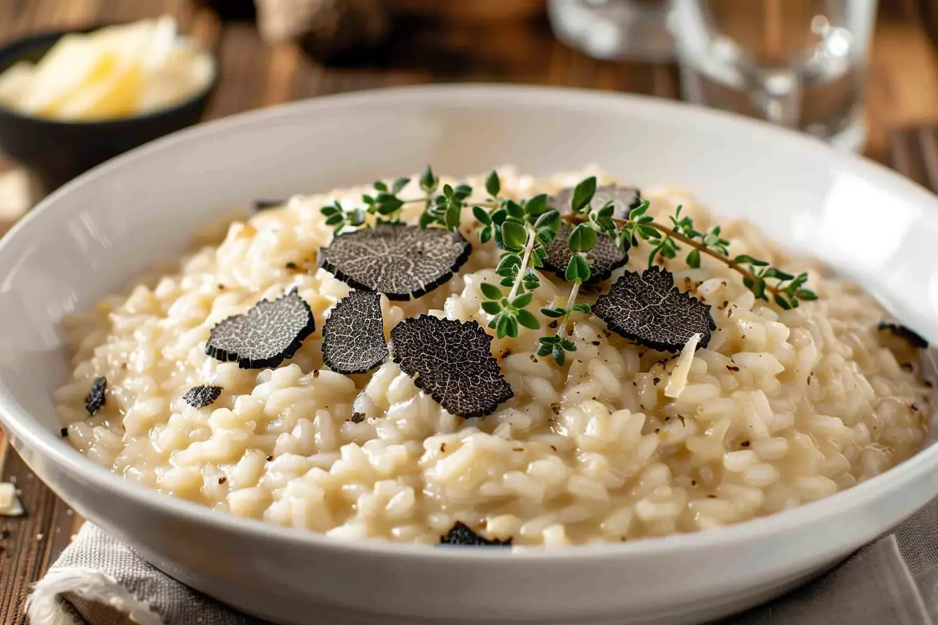 A creamy truffle risotto garnished with fresh black truffle slices and sprigs of thyme, served in a white bowl.