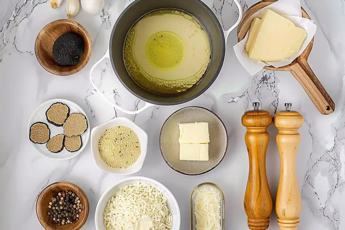 Essential ingredients for Truffle Risotto Pairings, including Arborio rice, black truffles, butter, Parmesan cheese, broth, and seasoning, arranged on a marble surface.