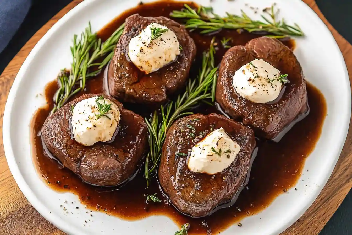 Fillet Vs Medallion – A plated dish of beef medallions topped with herb-infused butter, garnished with fresh rosemary, and served with a rich sauce.