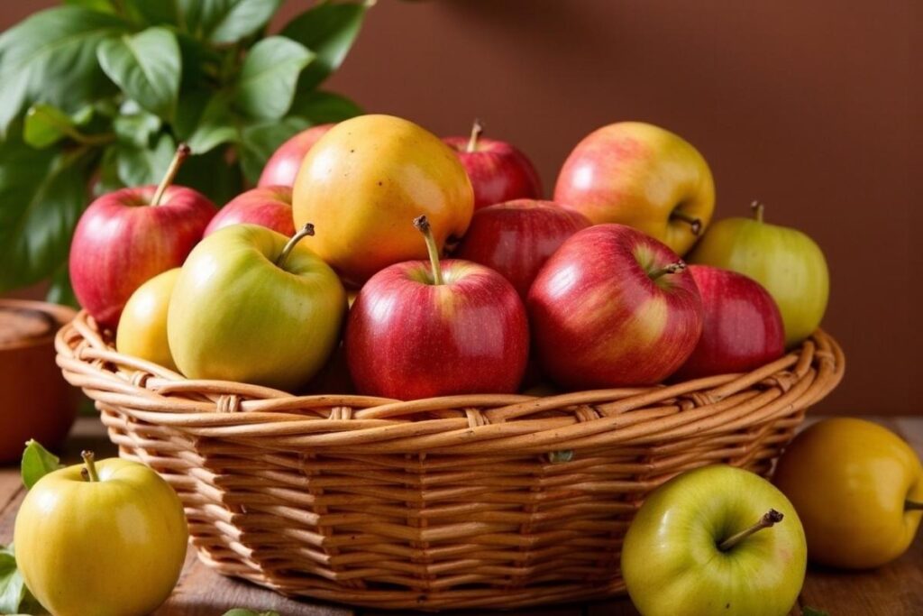 A wicker basket filled with colorful apples, including red, yellow, and green varieties, placed on a wooden table.