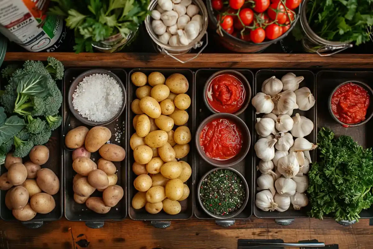 Fresh ingredients for Bang Bang Potatoes arranged in metal trays including baby potatoes, red sauces, garlic, herbs, and spices on a wooden surface.