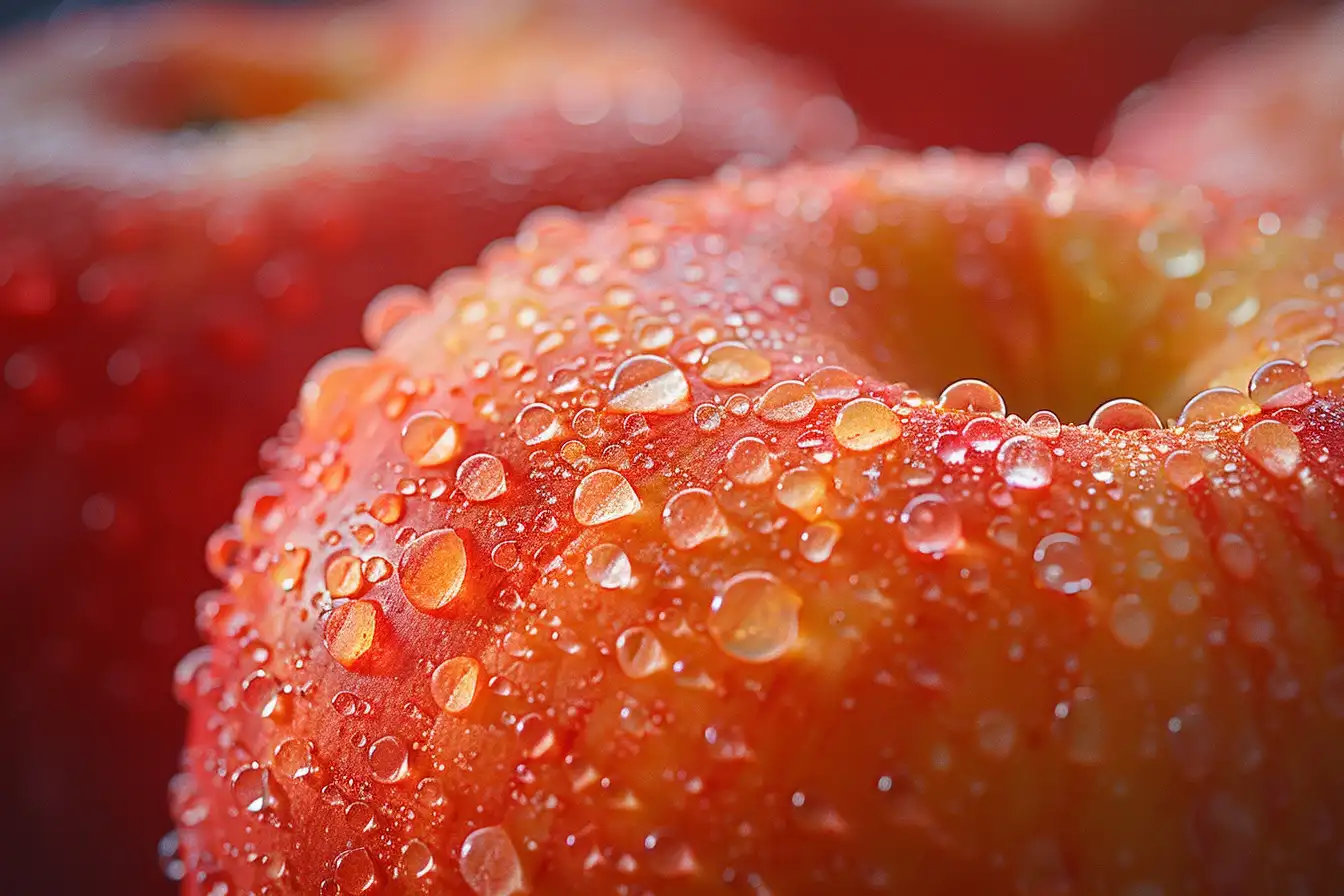 A fresh red apple covered in dewdrops, highlighting its natural juiciness and vibrant color.