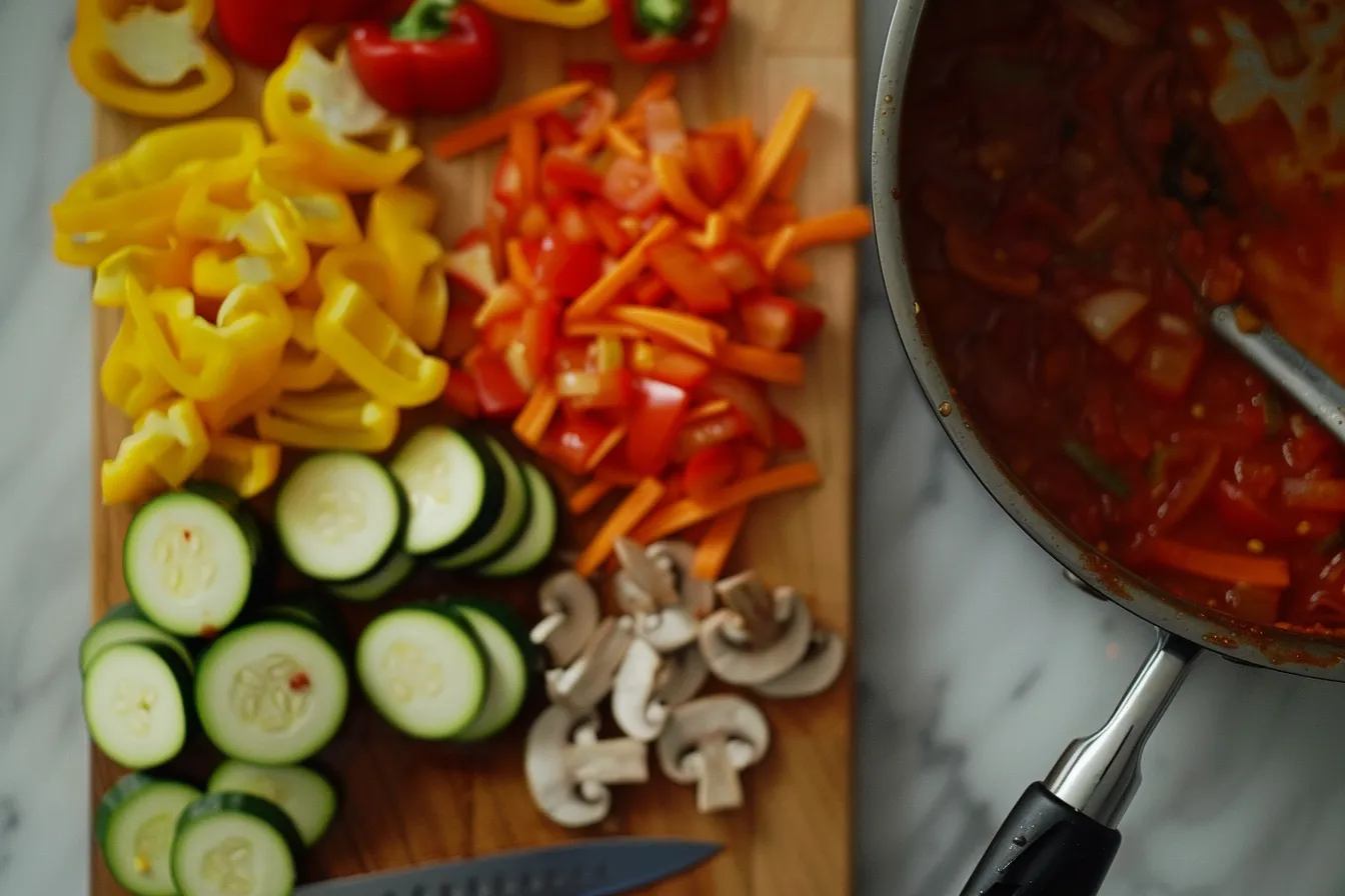 A steaming bowl of vegetarian chili spaghetti topped with melted cheddar cheese, fresh herbs, and colorful vegetables.