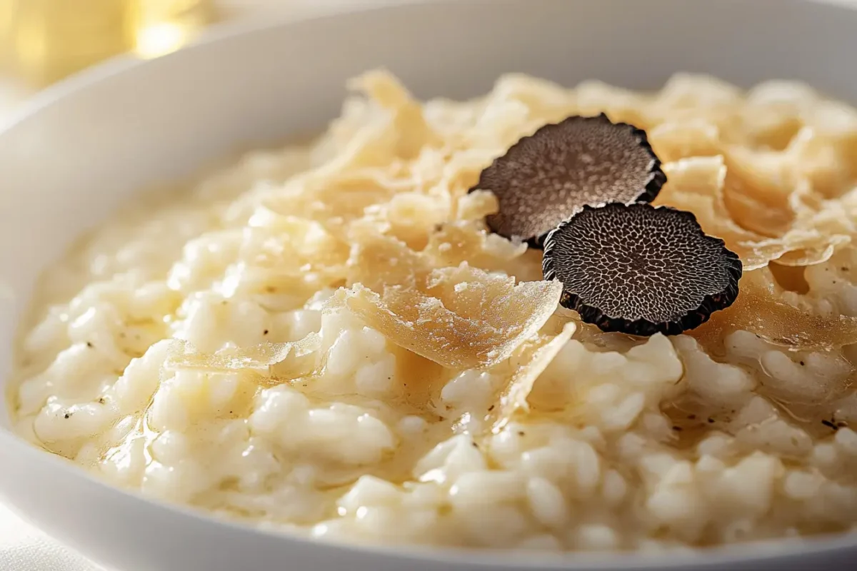 Creamy Truffle Risotto Pairings with shaved Parmesan and thinly sliced black truffles, drizzled with truffle oil for a luxurious finish.