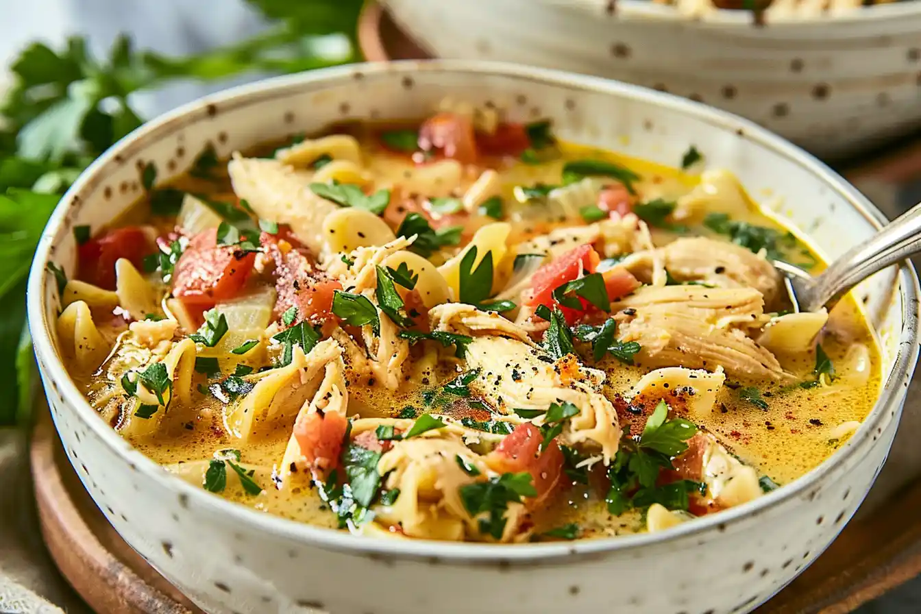 Marry Me Chicken Soup - A bowl of creamy Marry Me Chicken Soup with shredded chicken, pasta, tomatoes, and fresh parsley.