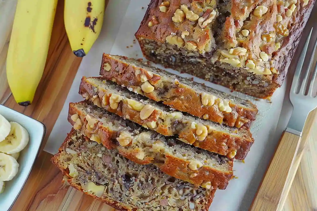 Homemade Banana Nut Bread - Freshly baked banana nut bread, sliced and stacked on a wooden surface, topped with crunchy walnuts. Ripe bananas and a small dish of banana slices are placed beside the loaf.